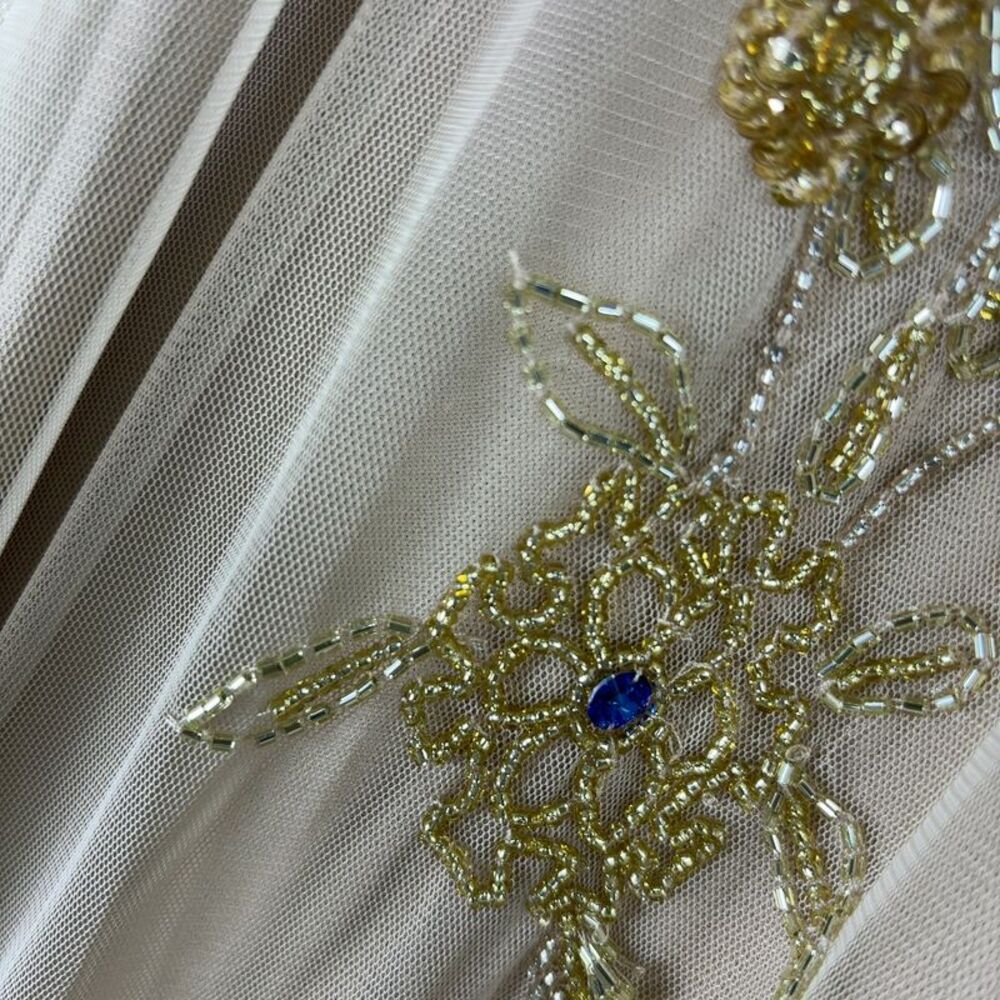 Mac Duggal Cream Maxi Dress with Blue and Gold Accents - Picture 3 of 4
